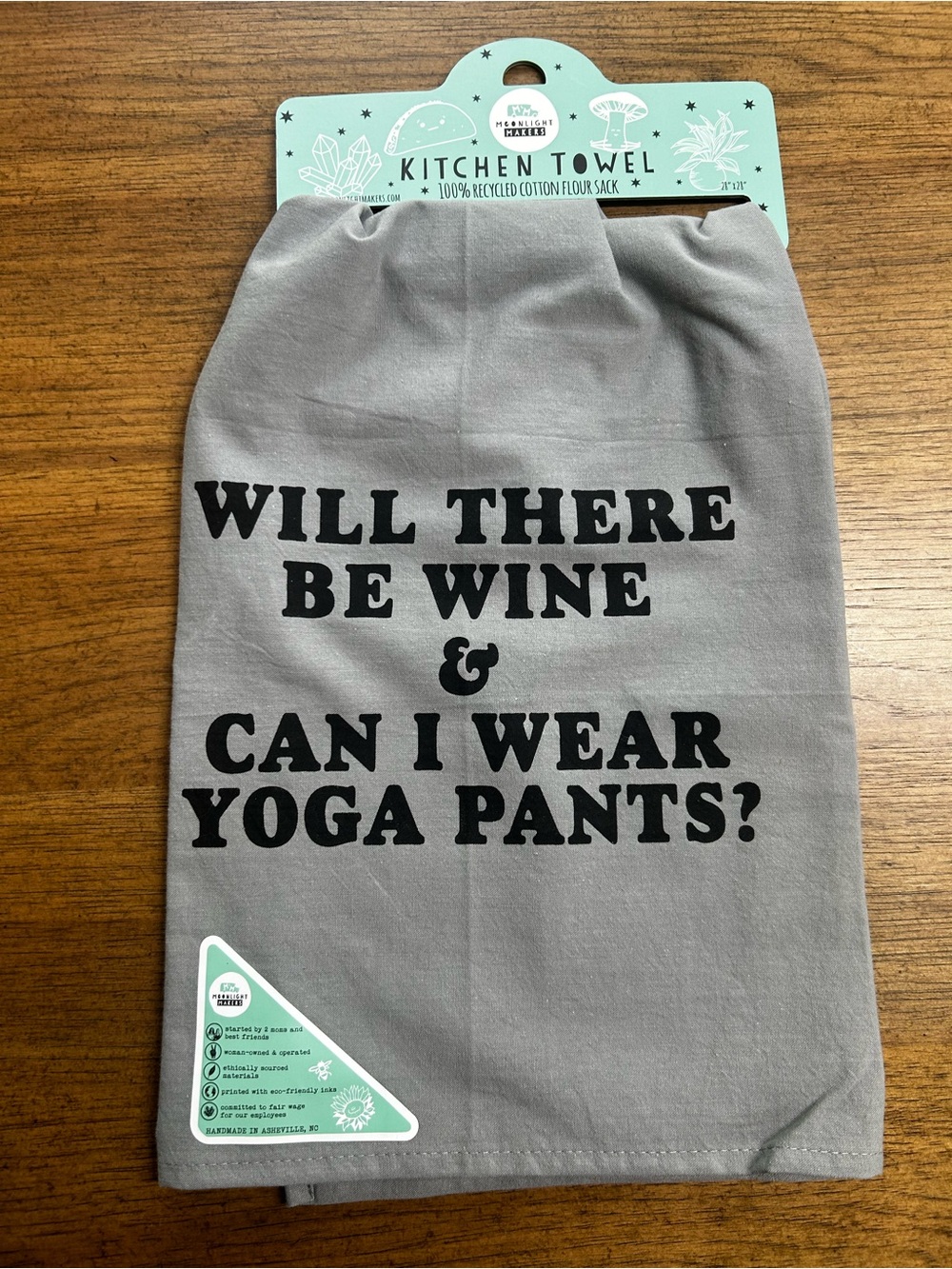 NEW Funny Gray Kitchen Towel “Will There Be Wine & Can I Wear Yoga Pants?" 🍷🧘‍♀️
